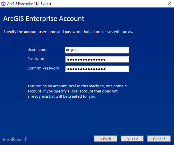 Specify the account user name and password that all processes will run as.